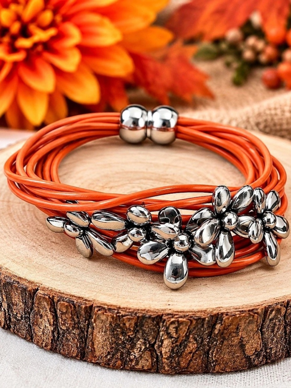 Paparazzi Here Comes the Bloom - Orange Floral Wrap Bracelet